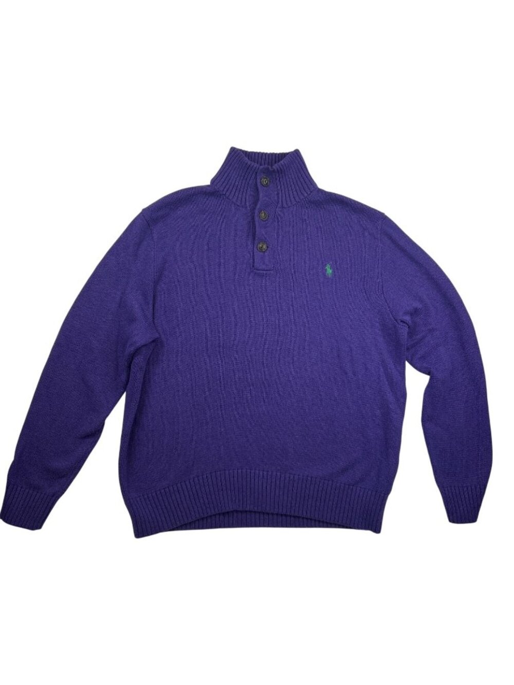 Ralph Lauren Purple Mock Neck Sweater Men's L 100% Cotton 3-Button Green Logo